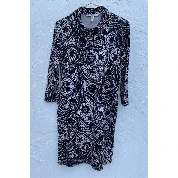 Diane Von Furstenberg Womens 3/4 Sleeve Collared Silk Shift Dress Black Floral 4 - Picture 1 of 12
